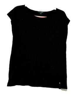 Women Ralph Lauren sz M black cotton short cap sleeve shirt minimalist #3204